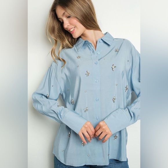 NWT EMERY Rhinestone Embellished Long Sleeve Shirt | Blue - Picture 6 of 7